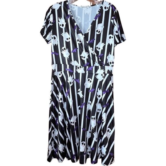 MSBasic Faux Wrap dress in Striped Halloween Print with Ghosts and Bats Size L - Picture 1 of 5